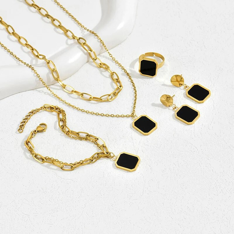 4 GAB komplekts, slēdzene, kaklarota, rokassprādze, auskaru gredzens sievietēm, tirkīzs, melns akmens, balts apvalks, ģeometrisks kulons, sieviešu ballīšu rotaslietas
