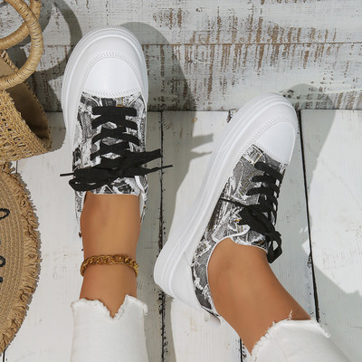 Luksusliku disainiga naiste trükitud lõuendist kingad 2024. aasta kevad, uued vabaaja pitsilised madalad tossud, mugavad tasapinnalised jalutusjalatsid