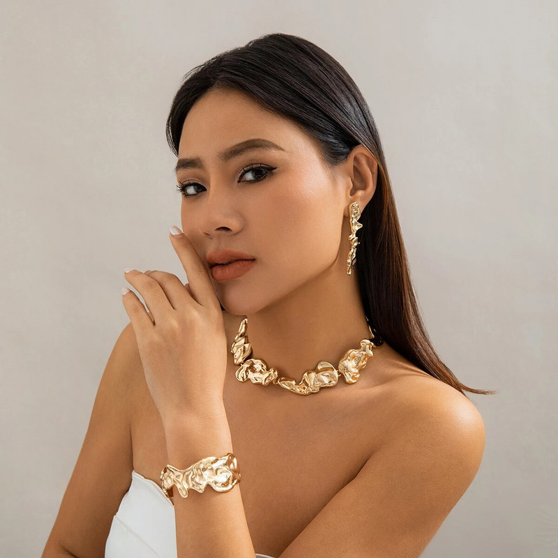 Μοναδικό Creative Irregular Big Heavy Metal Chain κολιέ για γυναικεία πανκ ρυθμιζόμενο βραχιόλι Σκουλαρίκια Grunge Σετ κοσμημάτων Steampunk