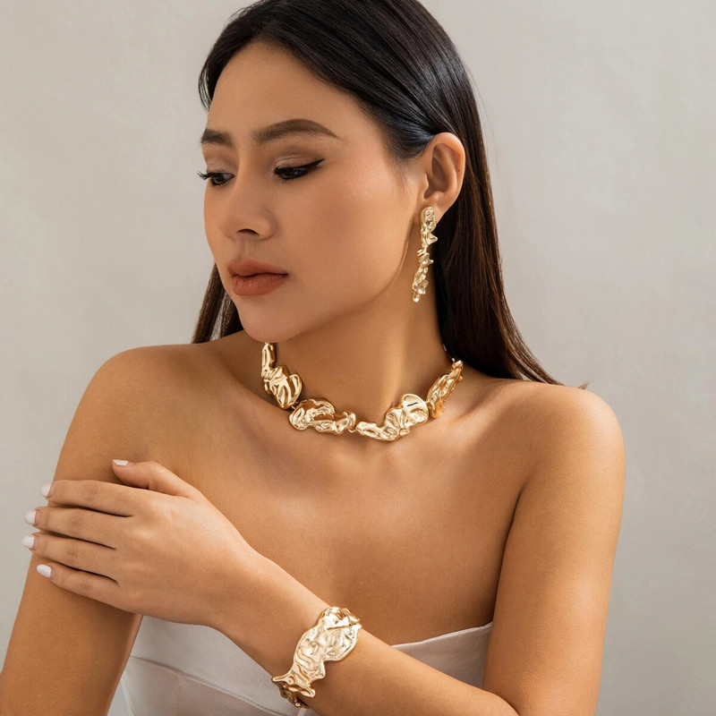 Μοναδικό Creative Irregular Big Heavy Metal Chain κολιέ για γυναικεία πανκ ρυθμιζόμενο βραχιόλι Σκουλαρίκια Grunge Σετ κοσμημάτων Steampunk