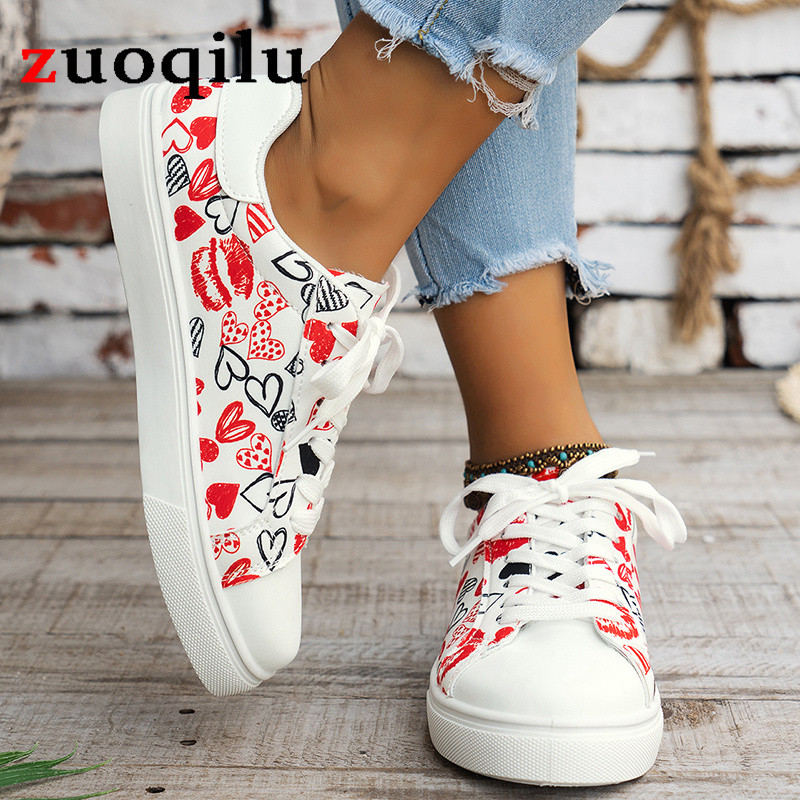 Naiste lõuendist tossud jalatsid Kevadvalged grafiti pitsilised Kerged pehmed vulkaniseeritud kingad Mood Naiste lõuendist kingad, suur suurus 42