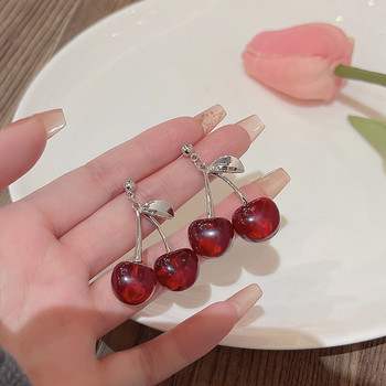 Νέο Sweet Summer Red Διάφανο Cherry Fruit Fashion Long Ear Nail σκουλαρίκια Μόδα μαύρο σκουλαρίκι anime για γυναίκες Κοσμήματα για πάρτι