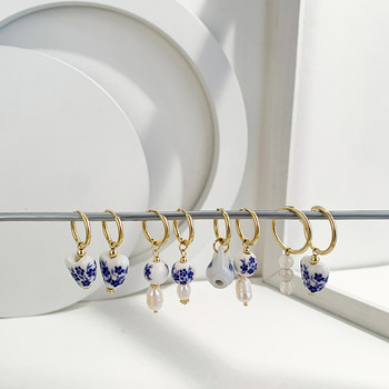 Асиметрични ръчно изработени кръгли кръгли сърца с цветя, керамични и перлени обеци с обръч за жени, златни кръгли обеци от неръждаема стомана