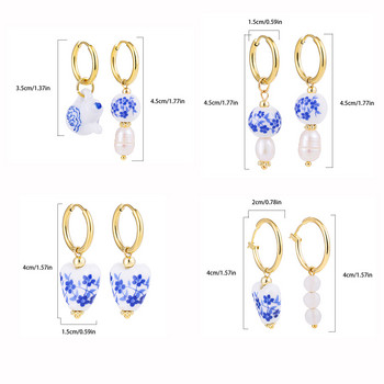Асиметрични ръчно изработени кръгли кръгли сърца с цветя, керамични и перлени обеци с обръч за жени, златни кръгли обеци от неръждаема стомана