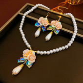 3 tk lillepärliga kaelakee kõrvarõngas elegantne temperament keraamiline veepiiskade kaelakee kvaliteetsed ehete komplektid