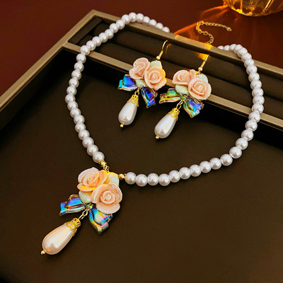 3 tk lillepärliga kaelakee kõrvarõngas elegantne temperament keraamiline veepiiskade kaelakee kvaliteetsed ehete komplektid