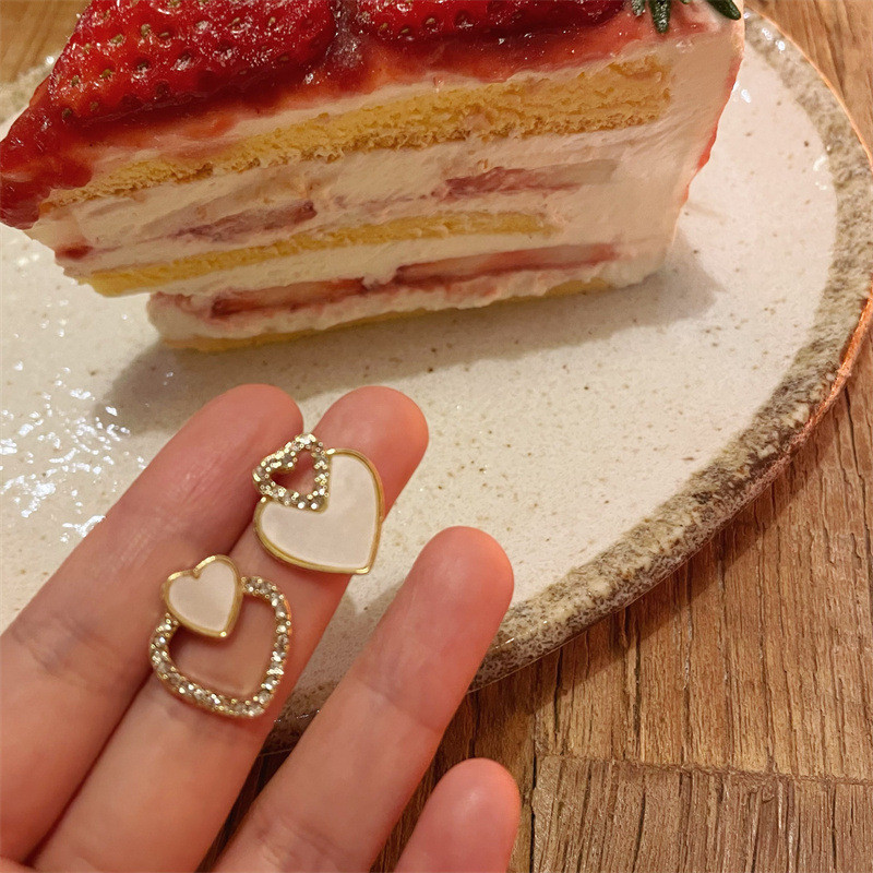 Νέα μόδα σκουλαρίκια καρδιών για γυναίκες με λευκό σμάλτο διπλής καρδιάς Κορεατικά κοσμήματα γυναικεία σκουλαρίκια κορίτσια δώρο