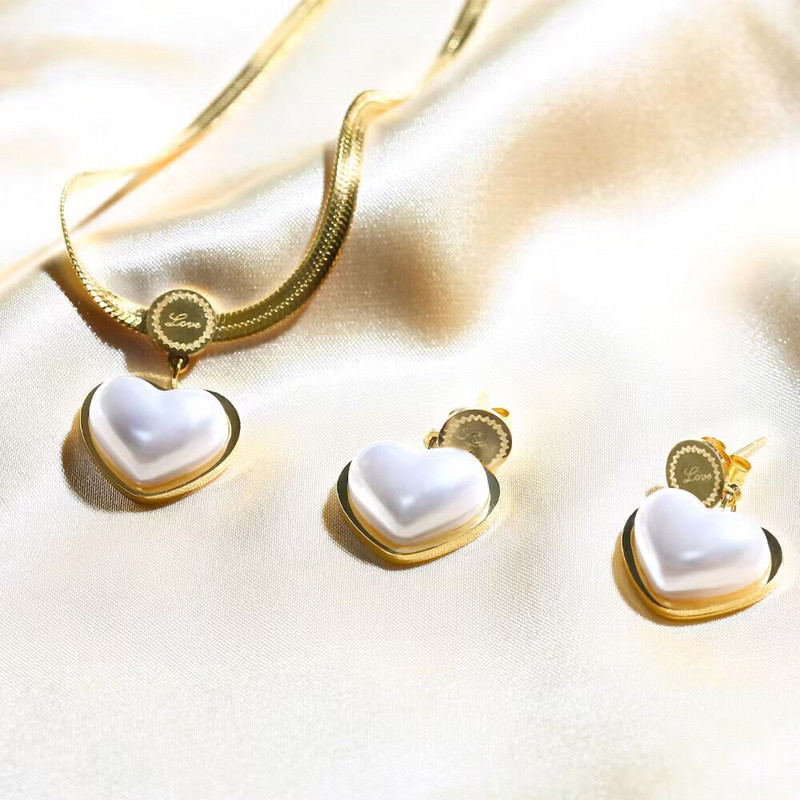 Mīlestības sirds kaklarotas auskari sievietēm 316L nerūsējošā tērauda pērļu vintage modes juvelierizstrādājumu komplekts moderna ballītes dāvana