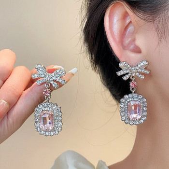 Σετ κοσμημάτων από ροζ κρύσταλλο ζιργκόν Γυναικεία μόδα τετράγωνο φιόγκο κρεμαστό κολιέ σταγόνα σκουλαρίκια ελαφριά πολυτελή κοσμήματα γάμου