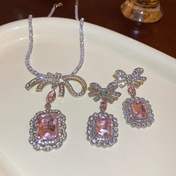 Комплект бижута с розов кристал Циркон Дамска мода Квадратен лък Висулка Колие Капкови обеци Леки луксозни партита Сватбени бижута