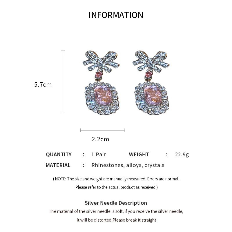 Σετ κοσμημάτων από ροζ κρύσταλλο ζιργκόν Γυναικεία μόδα τετράγωνο φιόγκο κρεμαστό κολιέ σταγόνα σκουλαρίκια ελαφριά πολυτελή κοσμήματα γάμου