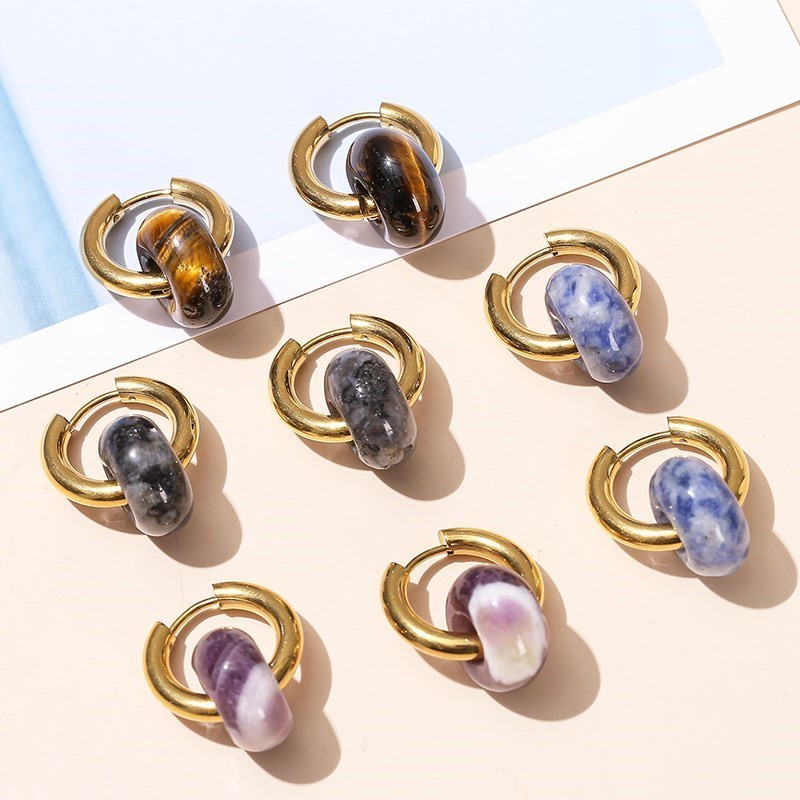 Mainīt labāku dabīgu rozā kvarca ahāta tirkīza zelta pārklājumu auskari sievietēm ar rokām darināti virtulis nerūsējošā tērauda bieza stīpa auskari