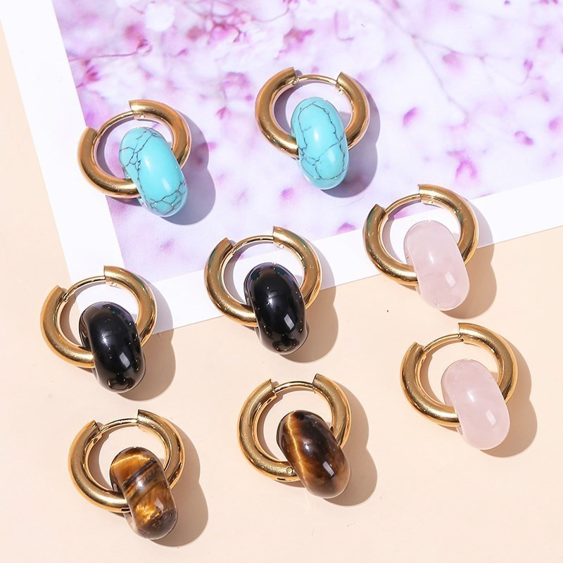 Mainīt labāku dabīgu rozā kvarca ahāta tirkīza zelta pārklājumu auskari sievietēm ar rokām darināti virtulis nerūsējošā tērauda bieza stīpa auskari