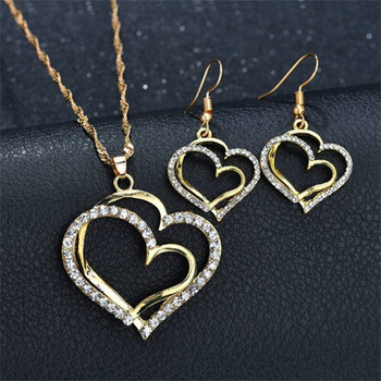 Σετ 3 τμχ Κοσμήματα σε σχήμα καρδιάς Σετ σκουλαρίκια Κρεμαστό κολιέ για γυναίκες Εξαιρετικό σετ κοσμημάτων Rhinestone διπλή καρδιά