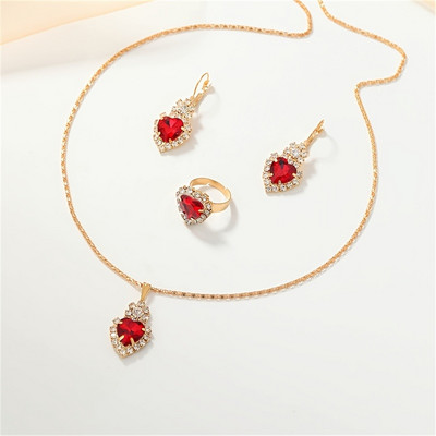 Grezns dizains Sirds formas Sarkana kristāla kaklarota Gredzens Auskari Juvelierizstrādājumu komplekts Elegants līgavu kāzu aksesuāri Jubilejas dāvanas