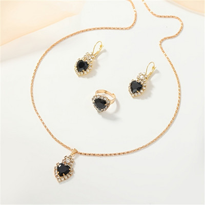 Grezns dizains Sirds formas Sarkana kristāla kaklarota Gredzens Auskari Juvelierizstrādājumu komplekts Elegants līgavu kāzu aksesuāri Jubilejas dāvanas