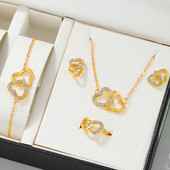 5GAB Zelta krāsas sirds formas rotaslietu komplekti Gredzenu Auskaru Kaklarota Sievietēm Elegance Rhinestone Double Sirds rotaslietas