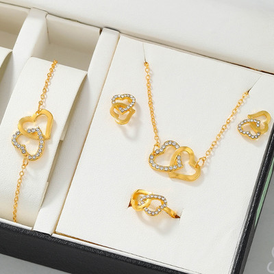 5GAB Zelta krāsas sirds formas rotaslietu komplekti Gredzenu Auskaru Kaklarota Sievietēm Elegance Rhinestone Double Sirds rotaslietas