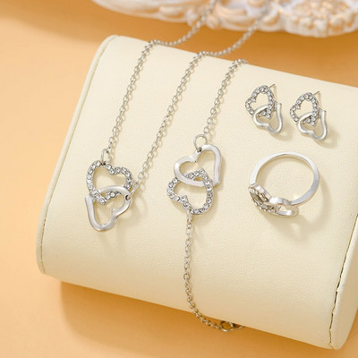 5GAB Zelta krāsas sirds formas rotaslietu komplekti Gredzenu Auskaru Kaklarota Sievietēm Elegance Rhinestone Double Sirds rotaslietas