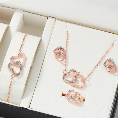 5GAB Zelta krāsas sirds formas rotaslietu komplekti Gredzenu Auskaru Kaklarota Sievietēm Elegance Rhinestone Double Sirds rotaslietas