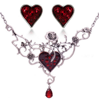 Naiste ehtekomplekt Punase südamega roosi lilledega kaelakee kõrvaklambrid, gooti ehete komplektid retro kaelakee kõrvarõngas Halloweeni jõulukink