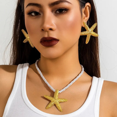 Pārspīlēts Boho Krāsains Metāls Big Starfish Star Pendant Choker Kaklarota Stud Auskari Summer Punk Chunky Chain Y2K Juvelierizstrādājumu komplekts