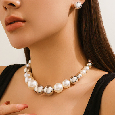 IngeSight.Z Exaggerated Big CCB golyós gyöngylánc Choker Vintage arany színű szabálytalan gyöngyös nyaklánc női esküvői ékszer szett