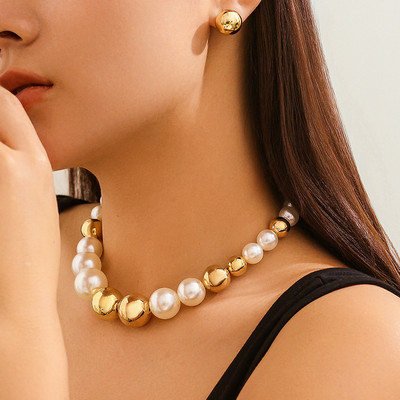 IngeSight.Z Exaggerated Big CCB golyós gyöngylánc Choker Vintage arany színű szabálytalan gyöngyös nyaklánc női esküvői ékszer szett