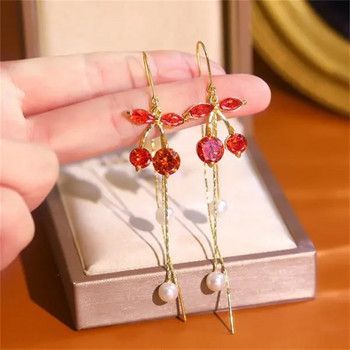 Сладки сладки обеци с капки от червена череша за жени Корейска мода с панделка Цирконова обеца Момиче Сватбени бижута Подаръци за рожден ден