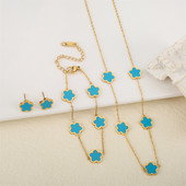 Ανοξείδωτο λουλούδι 4 τεμάχια/σετ βραχιόλι κρεμαστό κολιέ σκουλαρίκια Γυναικεία μόδα πολυτελή κοσμήματα μόδας μόδας πέντε φύλλων λουλουδιών