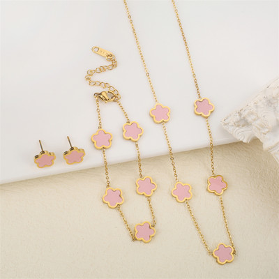 Ανοξείδωτο λουλούδι 4 τεμάχια/σετ βραχιόλι κρεμαστό κολιέ σκουλαρίκια Γυναικεία μόδα πολυτελή κοσμήματα μόδας μόδας πέντε φύλλων λουλουδιών