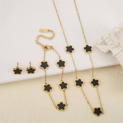 Ανοξείδωτο λουλούδι 4 τεμάχια/σετ βραχιόλι κρεμαστό κολιέ σκουλαρίκια Γυναικεία μόδα πολυτελή κοσμήματα μόδας μόδας πέντε φύλλων λουλουδιών