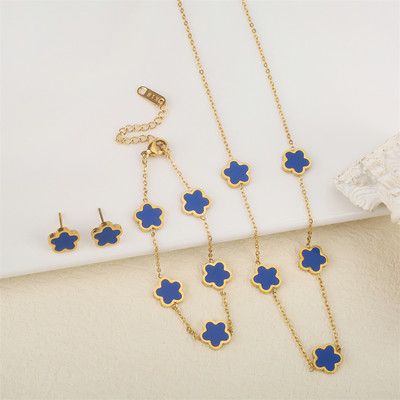 Ανοξείδωτο λουλούδι 4 τεμάχια/σετ βραχιόλι κρεμαστό κολιέ σκουλαρίκια Γυναικεία μόδα πολυτελή κοσμήματα μόδας μόδας πέντε φύλλων λουλουδιών