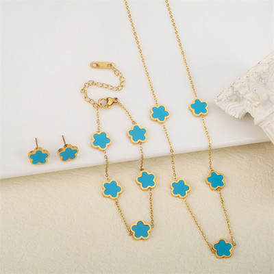 Ανοξείδωτο λουλούδι 4 τεμάχια/σετ βραχιόλι κρεμαστό κολιέ σκουλαρίκια Γυναικεία μόδα πολυτελή κοσμήματα μόδας μόδας πέντε φύλλων λουλουδιών