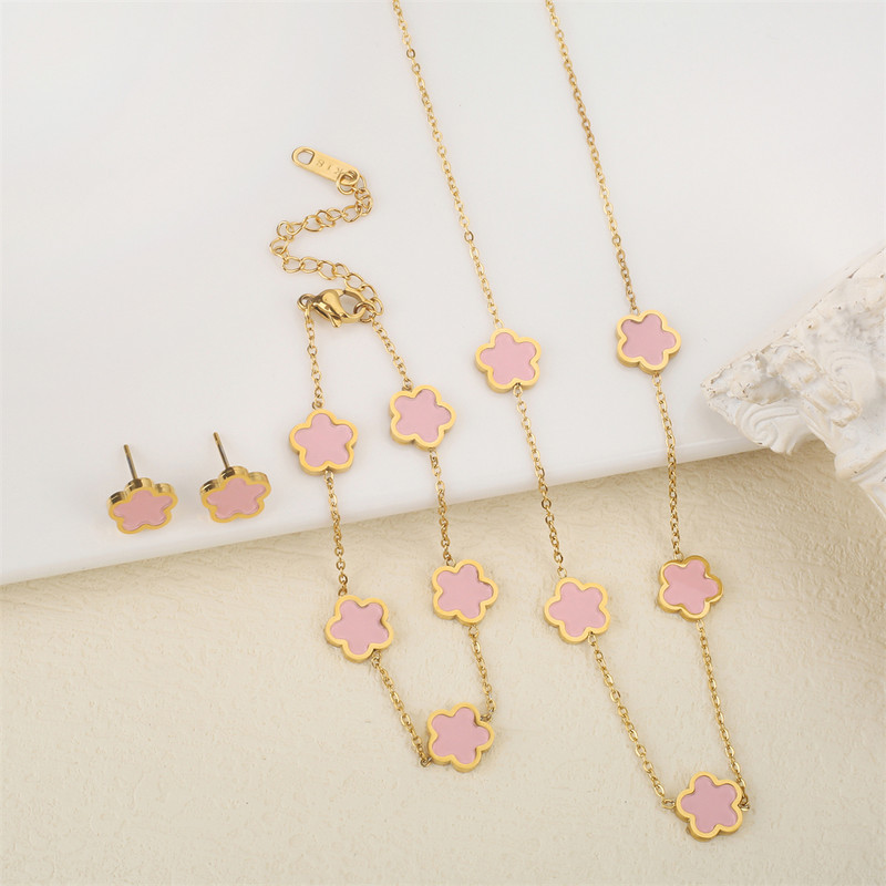 Ανοξείδωτο λουλούδι 4 τεμάχια/σετ βραχιόλι κρεμαστό κολιέ σκουλαρίκια Γυναικεία μόδα πολυτελή κοσμήματα μόδας μόδας πέντε φύλλων λουλουδιών