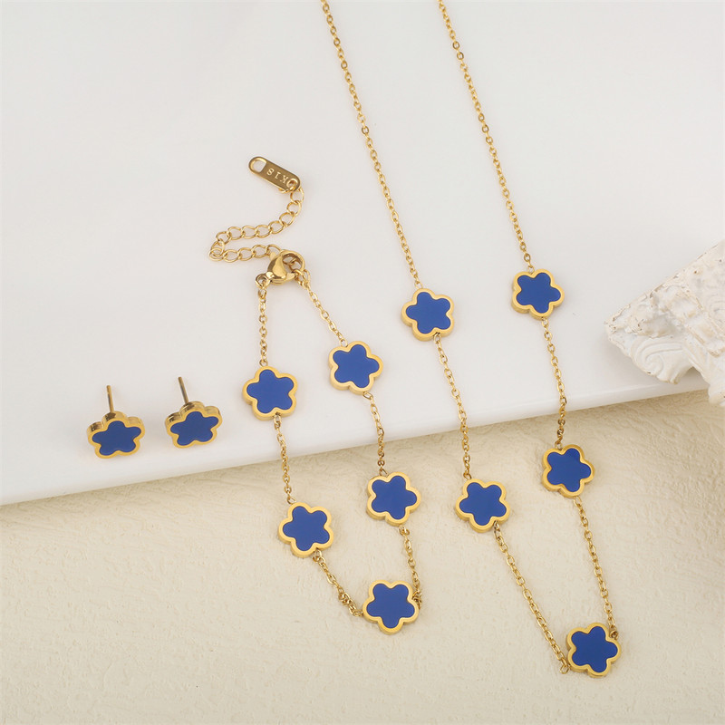 Ανοξείδωτο λουλούδι 4 τεμάχια/σετ βραχιόλι κρεμαστό κολιέ σκουλαρίκια Γυναικεία μόδα πολυτελή κοσμήματα μόδας μόδας πέντε φύλλων λουλουδιών