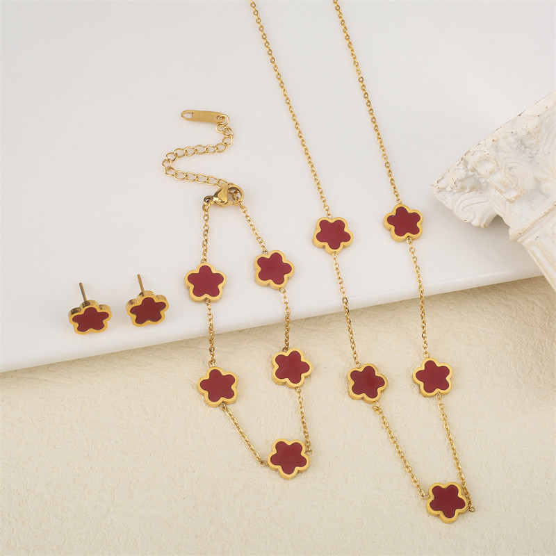 Ανοξείδωτο λουλούδι 4 τεμάχια/σετ βραχιόλι κρεμαστό κολιέ σκουλαρίκια Γυναικεία μόδα πολυτελή κοσμήματα μόδας μόδας πέντε φύλλων λουλουδιών