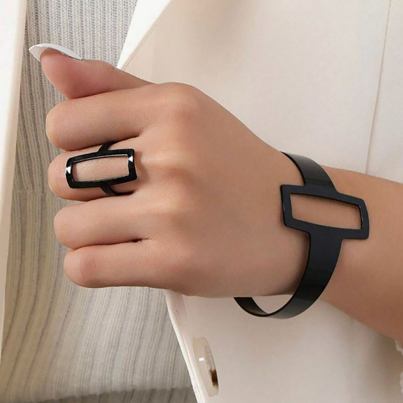 2 tk/komplekt Trendikas ja minimalistlik geomeetriline ruudukujuline ehete õõnes sõrmuse ja käevõru komplekt Emadepäeva kingituseks ehete komplekt