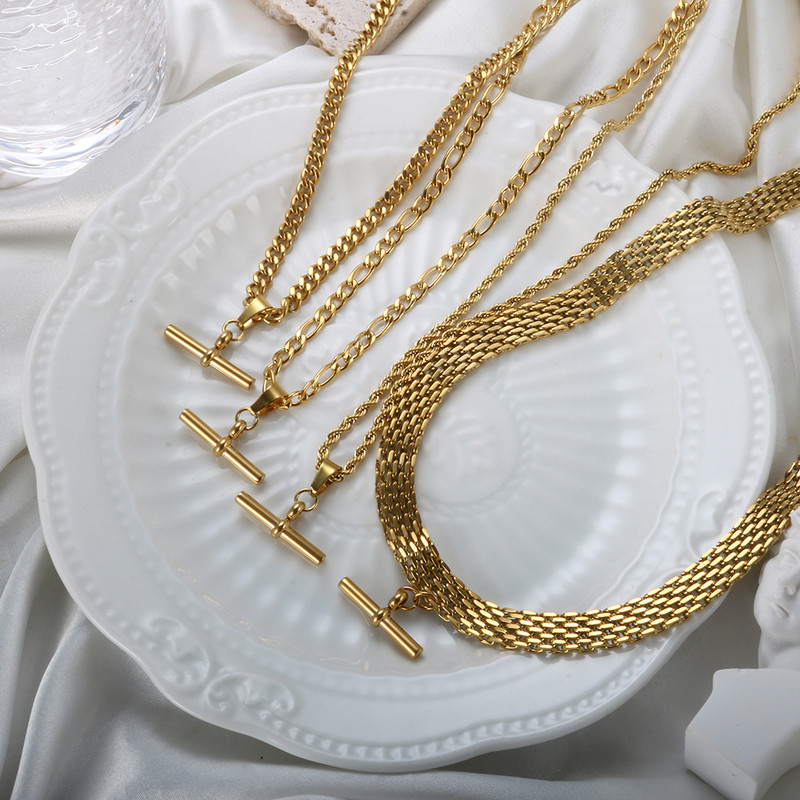 JOVO LOVE T Bar kulonu kaklarotu auskaru komplekts sievietēm nerūsējošā tērauda neparastas zelta krāsas Figaro kubiešu ķēdes rotaslietas 2023