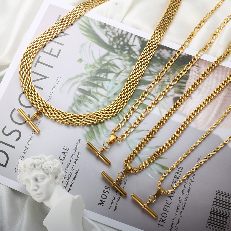 JOVO LOVE T Bar kulonu kaklarotu auskaru komplekts sievietēm nerūsējošā tērauda neparastas zelta krāsas Figaro kubiešu ķēdes rotaslietas 2023