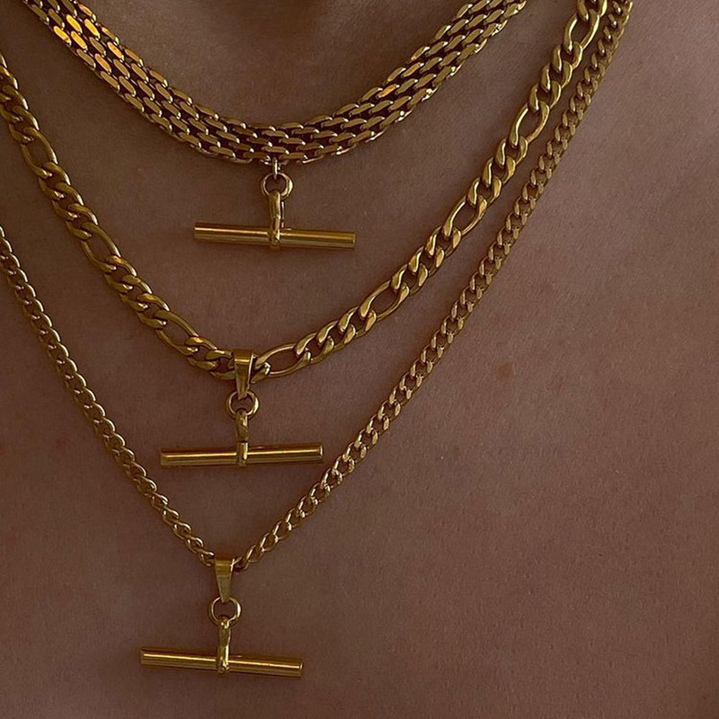 JOVO LOVE T Bar kulonu kaklarotu auskaru komplekts sievietēm nerūsējošā tērauda neparastas zelta krāsas Figaro kubiešu ķēdes rotaslietas 2023