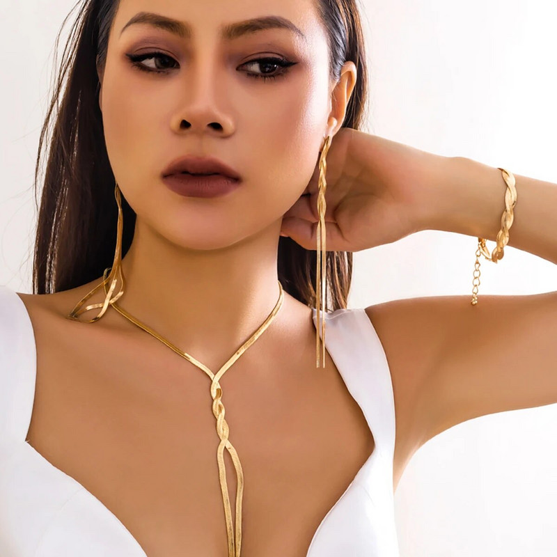 3Pcs/Set Modna ogrlica, narukvica, set naušnica zlatne boje, dugačka kićanka u obliku slova V, zmijski lanac, dodatak za žene, dodaci, poklon