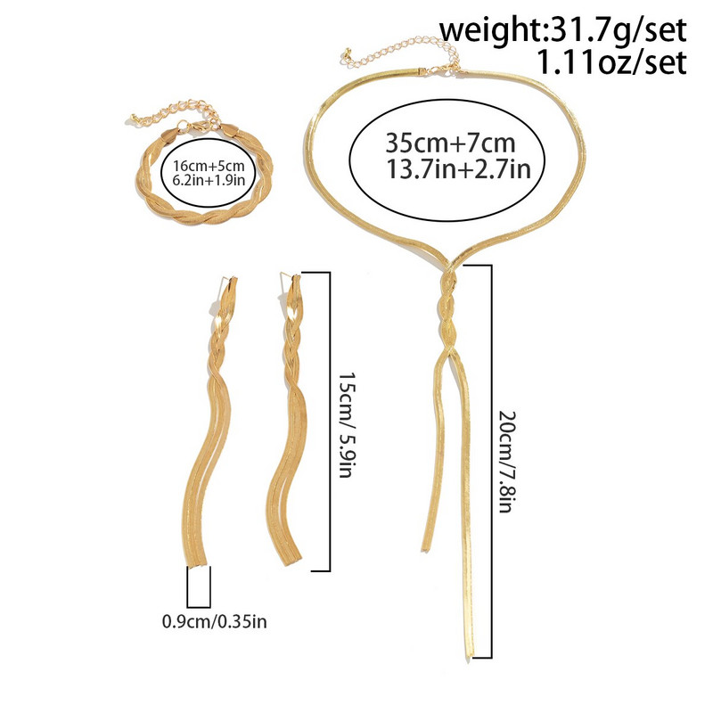 3Pcs/Set Modna ogrlica, narukvica, set naušnica zlatne boje, dugačka kićanka u obliku slova V, zmijski lanac, dodatak za žene, dodaci, poklon