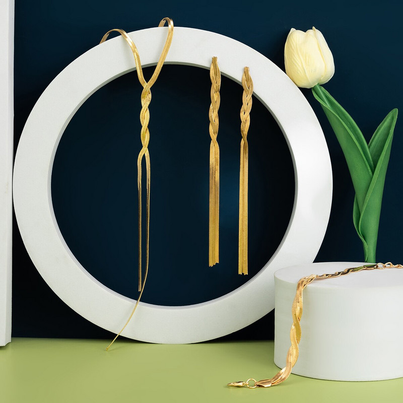 3Pcs/Set Modna ogrlica, narukvica, set naušnica zlatne boje, dugačka kićanka u obliku slova V, zmijski lanac, dodatak za žene, dodaci, poklon