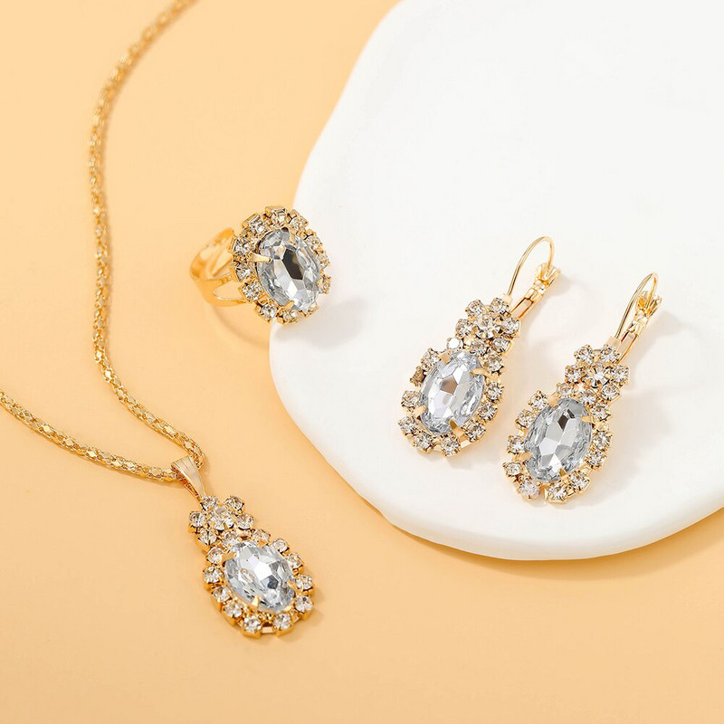 4 DB-os készletek Kiváló vízcsepp strasszos nyaklánc fülbevaló gyűrű ékszer szett Báj Női ékszerek divat menyasszonyi ajándékok