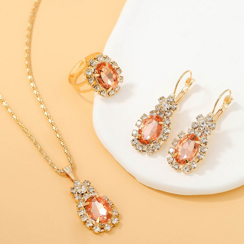 4 DB-os készletek Kiváló vízcsepp strasszos nyaklánc fülbevaló gyűrű ékszer szett Báj Női ékszerek divat menyasszonyi ajándékok