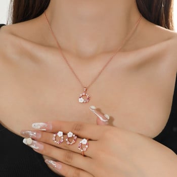 4 τεμάχια ροζ χρυσό σε χρώμα Lady Flower Αξεσουάρ μόδας Ζιργκόν Απλό περίτεχνο Σετ κοσμήματος με δαχτυλίδι κολιέ