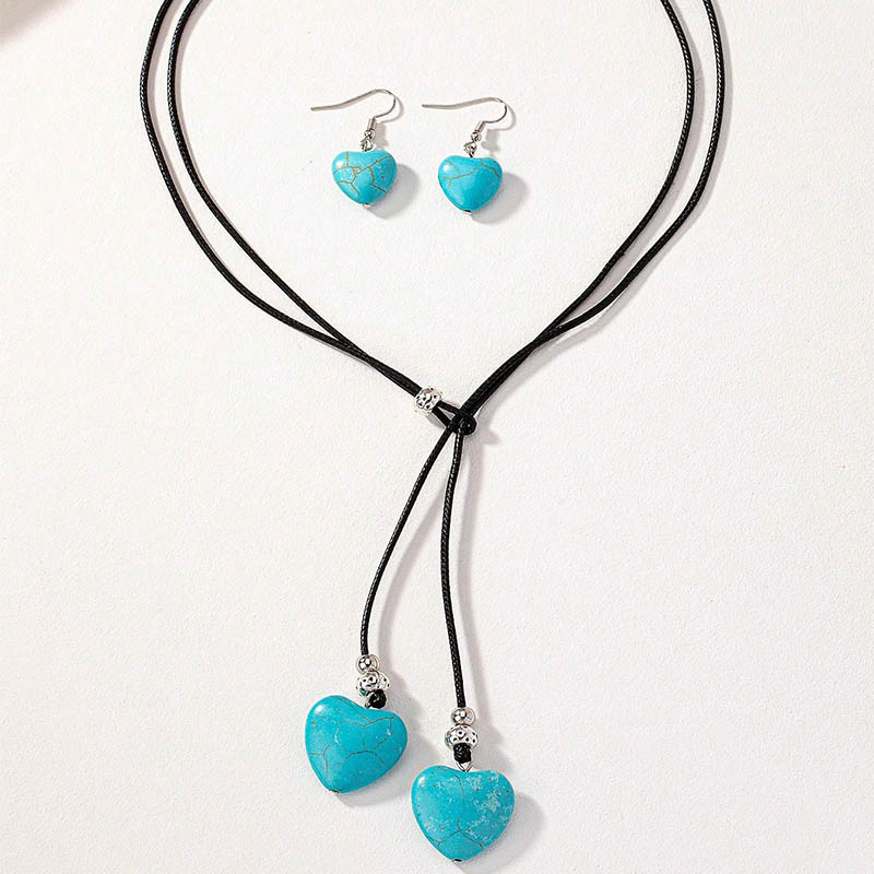 Obega sievietes bohēmiskais bule akmens juvelierizstrādājumu komplekts burvīgs mīlestības sirds formas kulons brūns ādas kaklarota auskari ikdienas rotaslietas