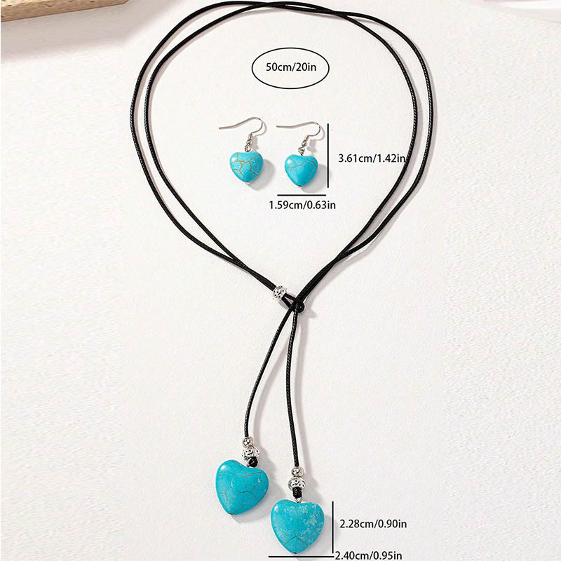 Obega sievietes bohēmiskais bule akmens juvelierizstrādājumu komplekts burvīgs mīlestības sirds formas kulons brūns ādas kaklarota auskari ikdienas rotaslietas