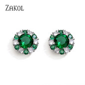 ZAKOL lihtsad rohelised ümmargused kuupmeetrist tsirkooniumoksiidist kõrvarõngad armsad lilledega kõrvarõngad õrnad sünnipäevaehted naistele